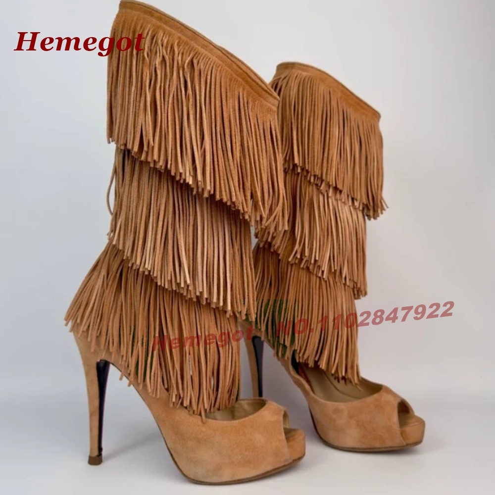 Tiered Fringe Peep‑Toe High He - огляд і ціна Knee High Boots Women