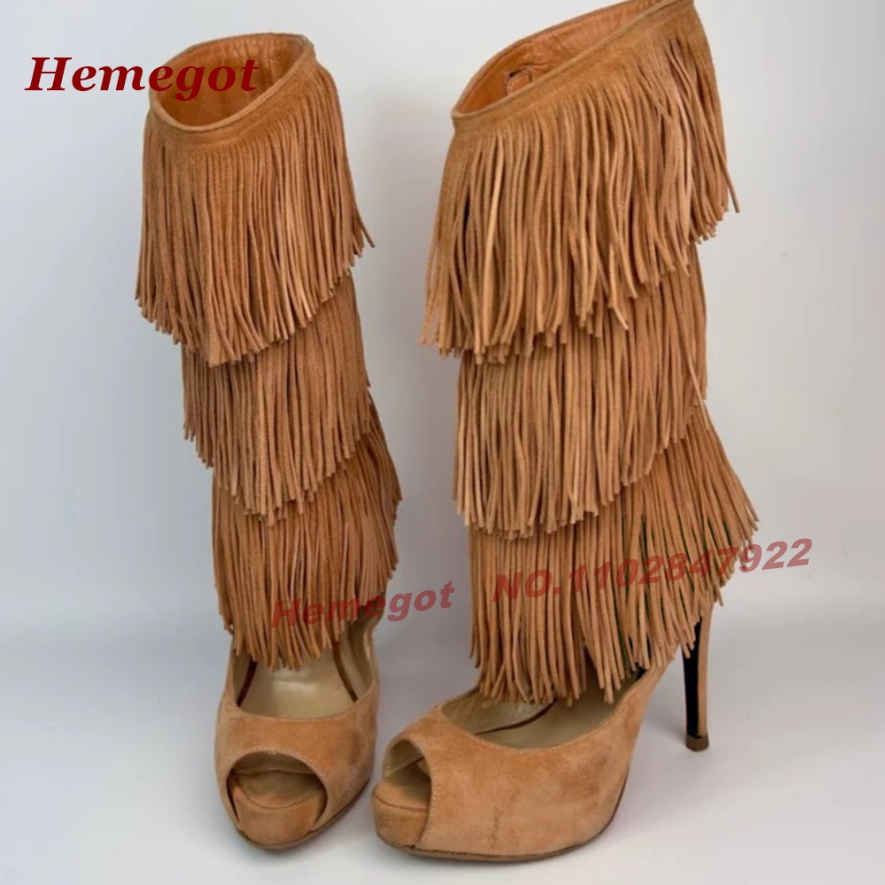 Tiered Fringe Peep‑Toe High He - огляд і ціна Knee High Boots Women