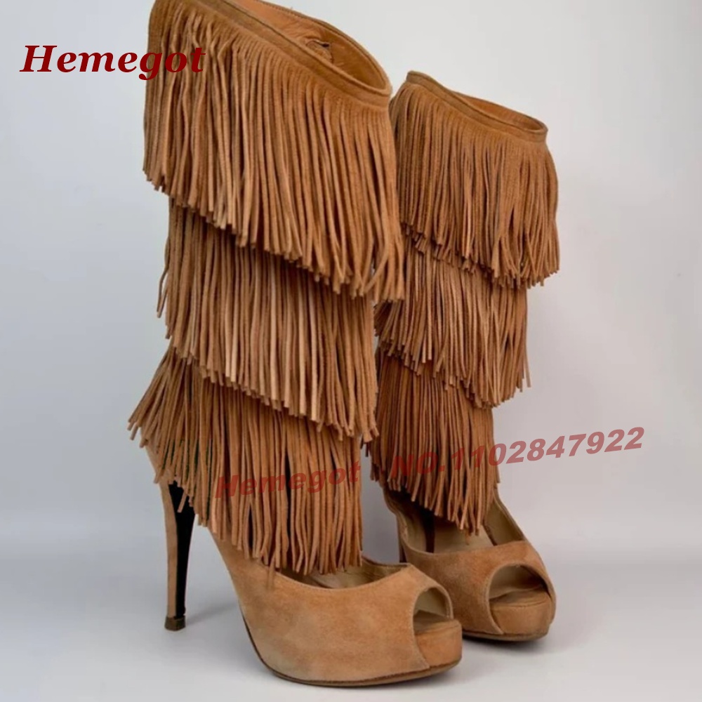 Tiered Fringe Peep‑Toe High He - огляд і ціна Knee High Boots Women